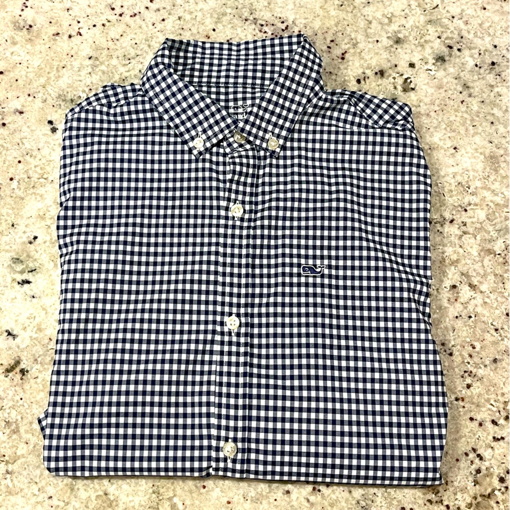 Boys' Performance Whale Shirt M (12-14) White and Navy Blue Gingham